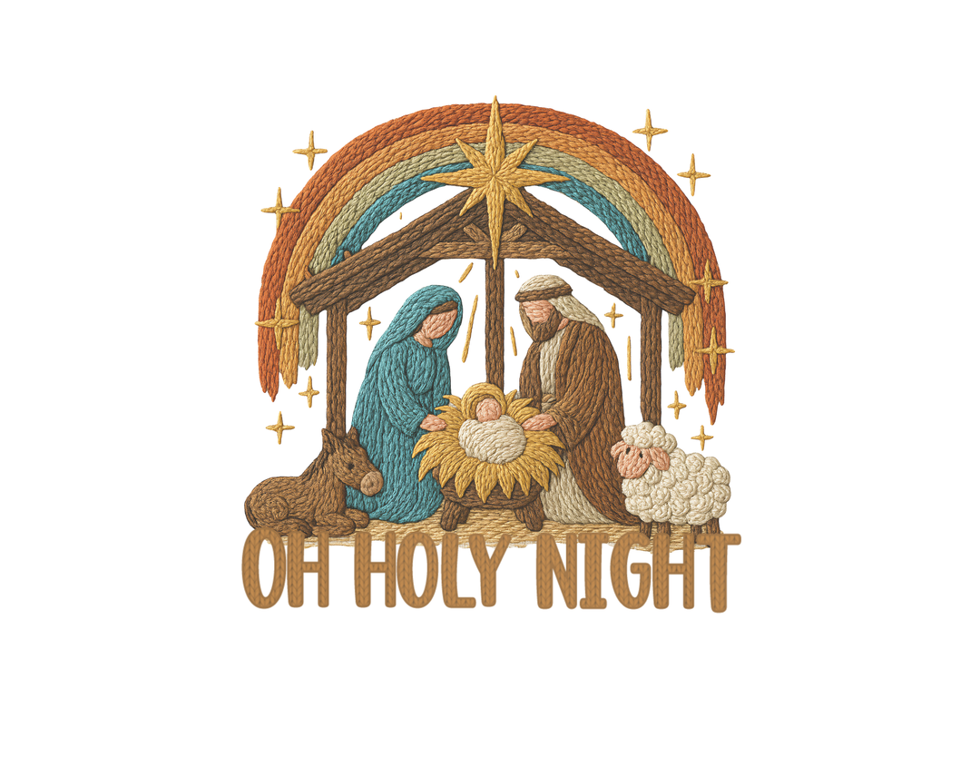 Oh Holy Night Hoodie featuring embroidered Nativity scene with baby Jesus, Mary, Joseph, donkey, sheep, and Star of Bethlehem; cozy cotton-polyester blend.