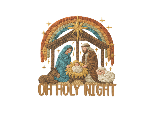 Oh Holy Night Hoodie featuring embroidered Nativity scene with baby Jesus, Mary, Joseph, donkey, sheep, and Star of Bethlehem; cozy cotton-polyester blend.