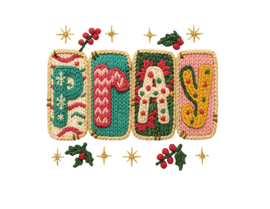 Pray Hoodie featuring festive knitted-style patches spelling PRAY with holiday motifs and embroidered holly, perfect for cozy, stylish winter wear.