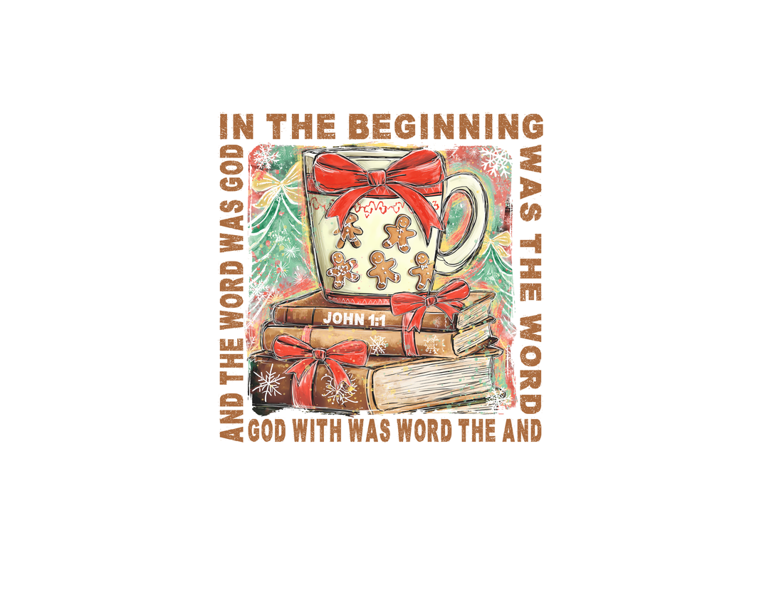 In the Beginning Hoodie featuring a gingerbread mug on books with John 1:1 text, offering cozy warmth with a classic fit and practical kangaroo pocket.