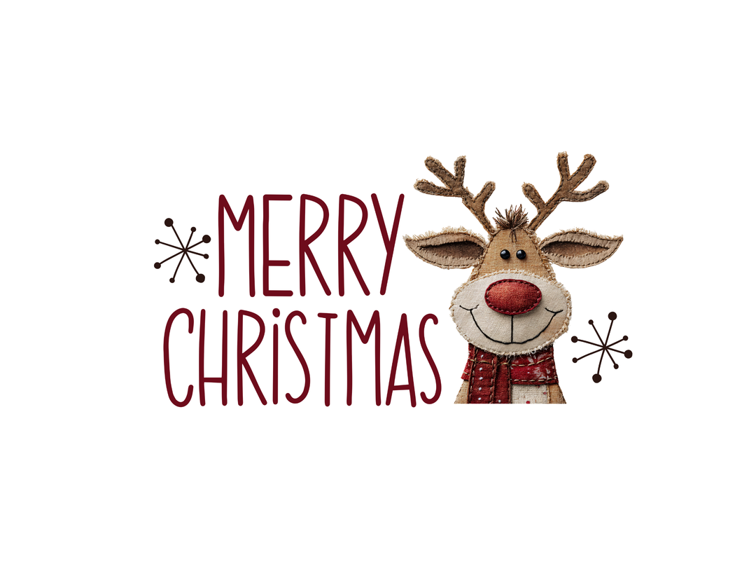 Merry Christmas Reindeer Toddler Crew featuring red hand-lettered text, starburst motifs, and a smiling reindeer with a scarf, on a cozy sweatshirt.