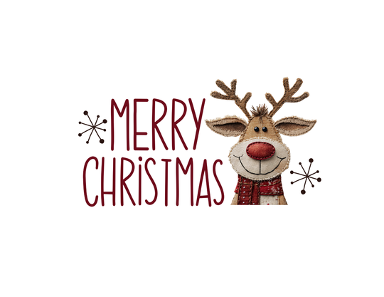 Merry Christmas Reindeer Toddler Crew featuring red hand-lettered text, starburst motifs, and a smiling reindeer with a scarf, on a cozy sweatshirt.