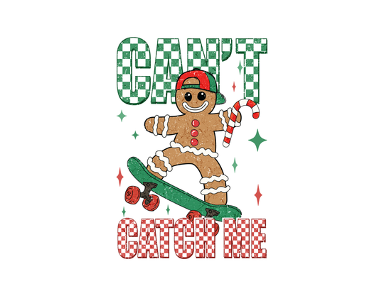 Can't Catch Me Youth Hoodie features a gingerbread character skateboarding with candy cane, surrounded by festive sparkles, capturing a playful holiday spirit.