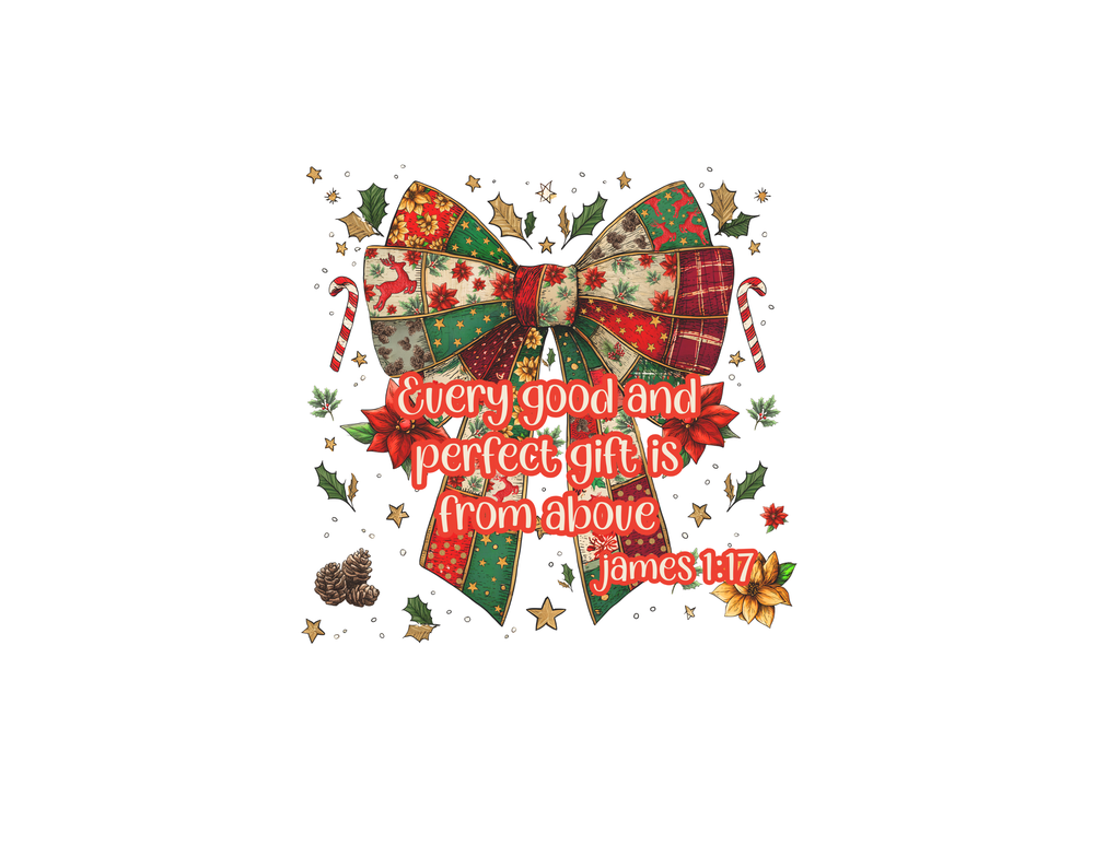 Gift from Above Tee: Festive graphic tee featuring a large patchwork bow with holiday patterns and James 1:17 verse, perfect for seasonal celebrations.