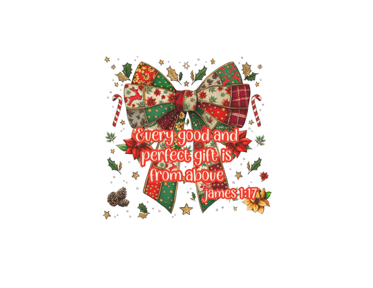 Gift from Above Tee: Festive graphic tee featuring a large patchwork bow with holiday patterns and James 1:17 verse, perfect for seasonal celebrations.