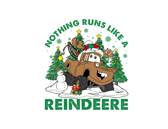 Cartoon-style Reindeere Toddler Crew sweatshirt featuring a festive tow truck with antlers and lights, surrounded by Christmas trees, snowflakes, snowman, and gifts.