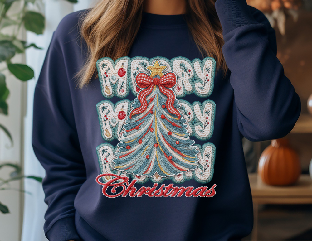 Person wearing Merry Christmas Tree Crew sweatshirt with rope-textured Christmas tree, red-checked bow, and MERRY Christmas text, showcasing holiday spirit. Cozy, durable, and ethically made.