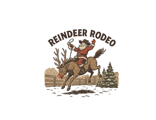 Santa in cowboy hat rides reindeer on Reindeer Rodeo baby tee, featuring snow and trees, perfect for stylish holiday wear.