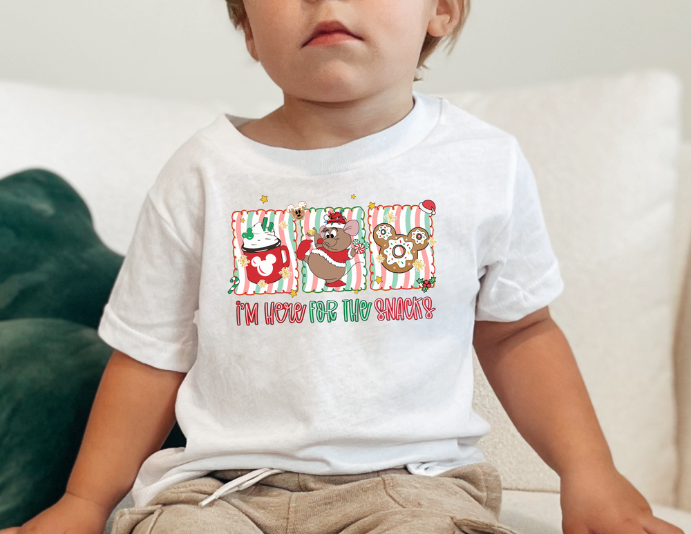 Here for the Snacks Baby Tee featuring festive Disney-themed graphics: a mug, Gus-Gus with candy cane, and Mickey Mouse donut, perfect for stylish infants.