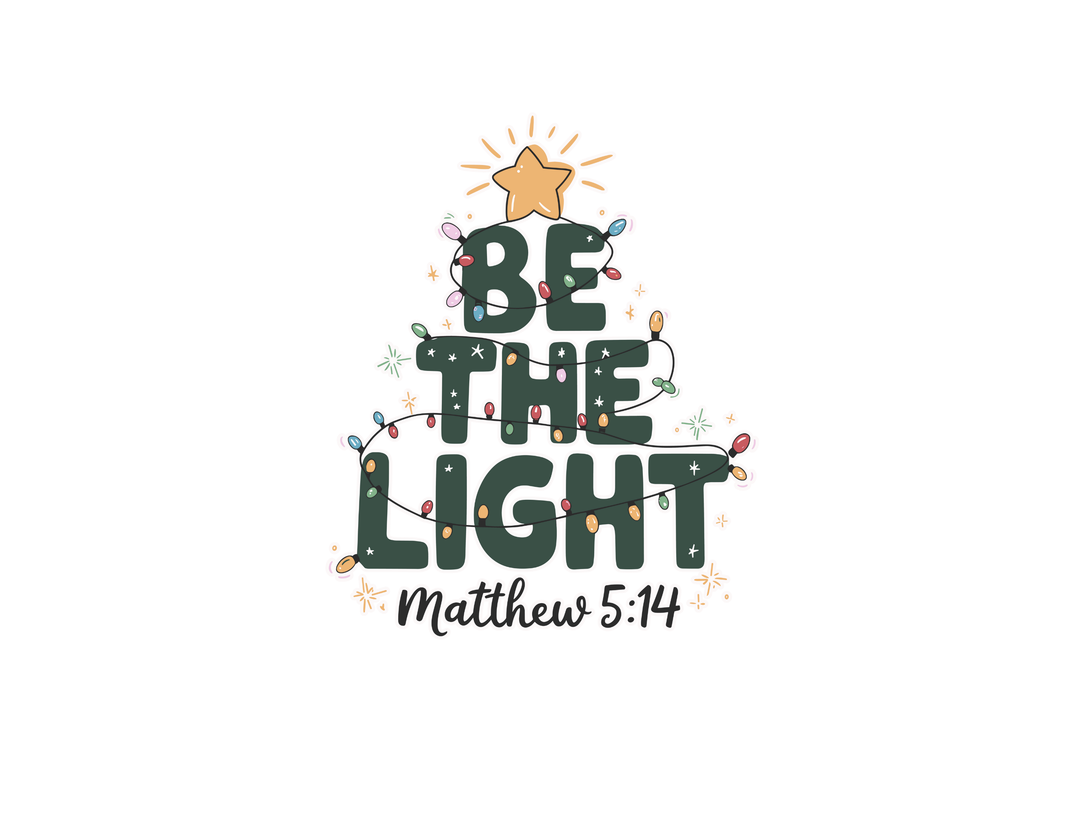 Festive Be The Light toddler sweatshirt featuring a Christmas tree-shaped design with scripture reference, perfect for warmth and comfort during the holiday season.