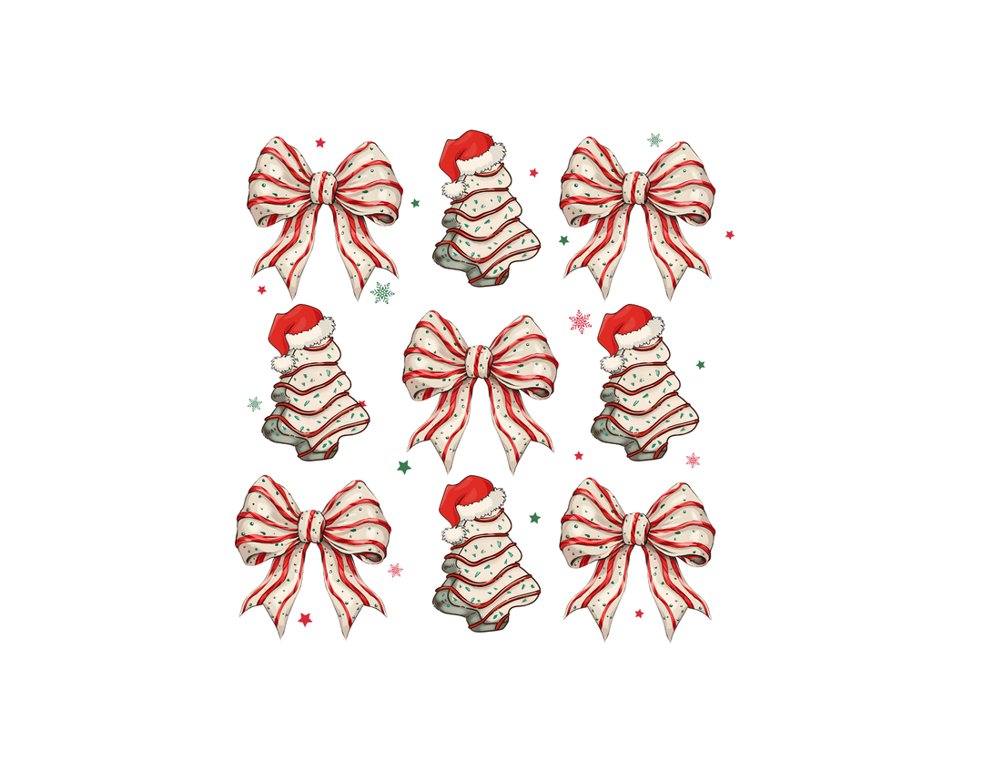 Cookies and Bows Crew sweatshirt featuring festive red-and-white striped bows and Christmas trees with Santa hats, enhanced by tiny holiday icons.
