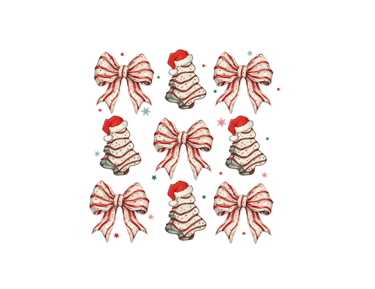 Cookies and Bows Crew sweatshirt featuring festive red-and-white striped bows and Christmas trees with Santa hats, enhanced by tiny holiday icons.