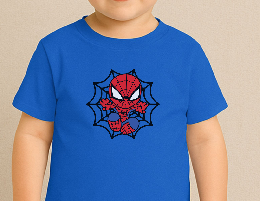 Toddler wearing Spider Kid Toddler Tee featuring cartoon Spider-Man in web. Soft, durable cotton, ideal for sensitive skin. Perfect for adventurous outings.