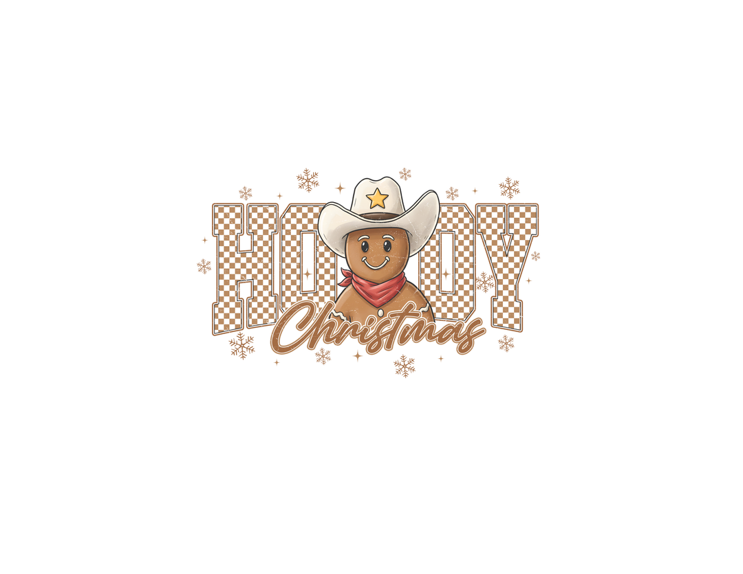 Howdy Christmas Kids Tee featuring a cowboy-themed gingerbread cookie in a hat and bandana, surrounded by checkered HOWDY letters and snowflakes, perfect for festive occasions.