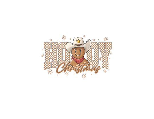 Howdy Christmas Kids Tee featuring a cowboy-themed gingerbread cookie in a hat and bandana, surrounded by checkered HOWDY letters and snowflakes, perfect for festive occasions.