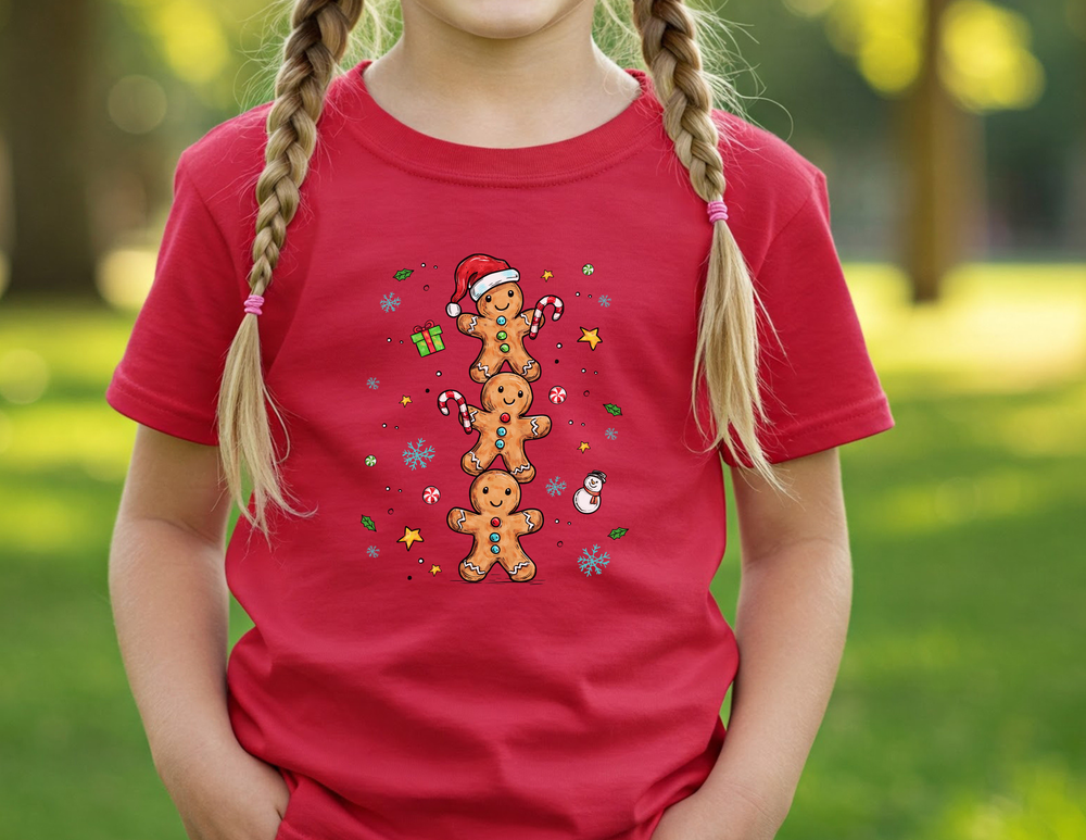 Child wearing Gingerbread Stack Kids Tee, featuring three cartoon gingerbread figures with festive elements like Santa hats and candy canes on a bright red, durable cotton shirt.