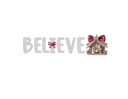 Believe Snapback Trucker Cap (Embroidery) features 'BELIEVE' in knit style with a Nativity scene, combining festive charm with a classic, adjustable fit.