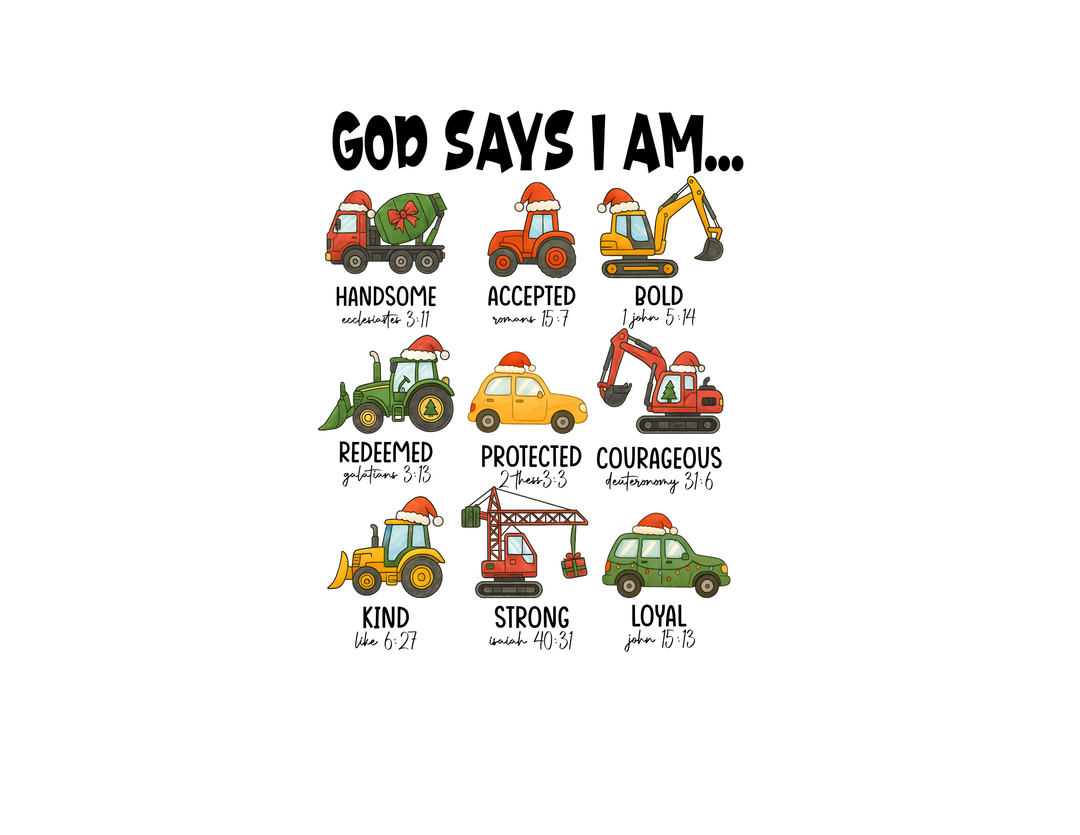 God Says Christmas Truck Toddler Crew: Festive toddler sweatshirt featuring cartoon vehicles with affirmations and Bible verses, celebrating positive traits in a cozy, faith-inspired design.