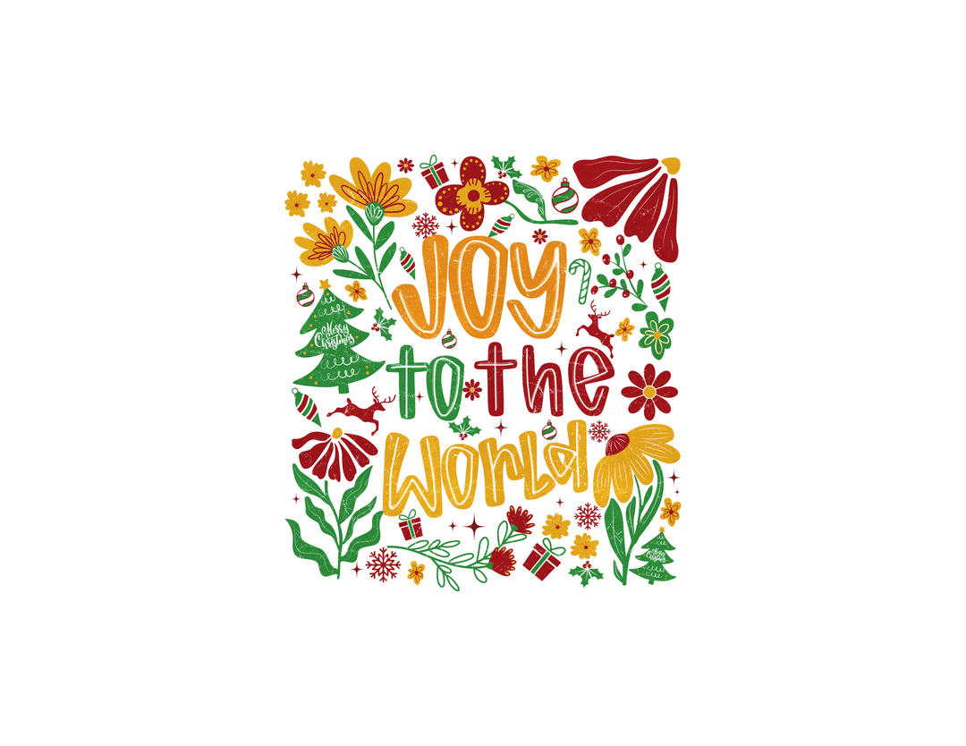 Joy to the World Crew sweatshirt featuring festive holiday motifs like reindeer, poinsettias, and candy canes, embodying cozy comfort in a classic fit.