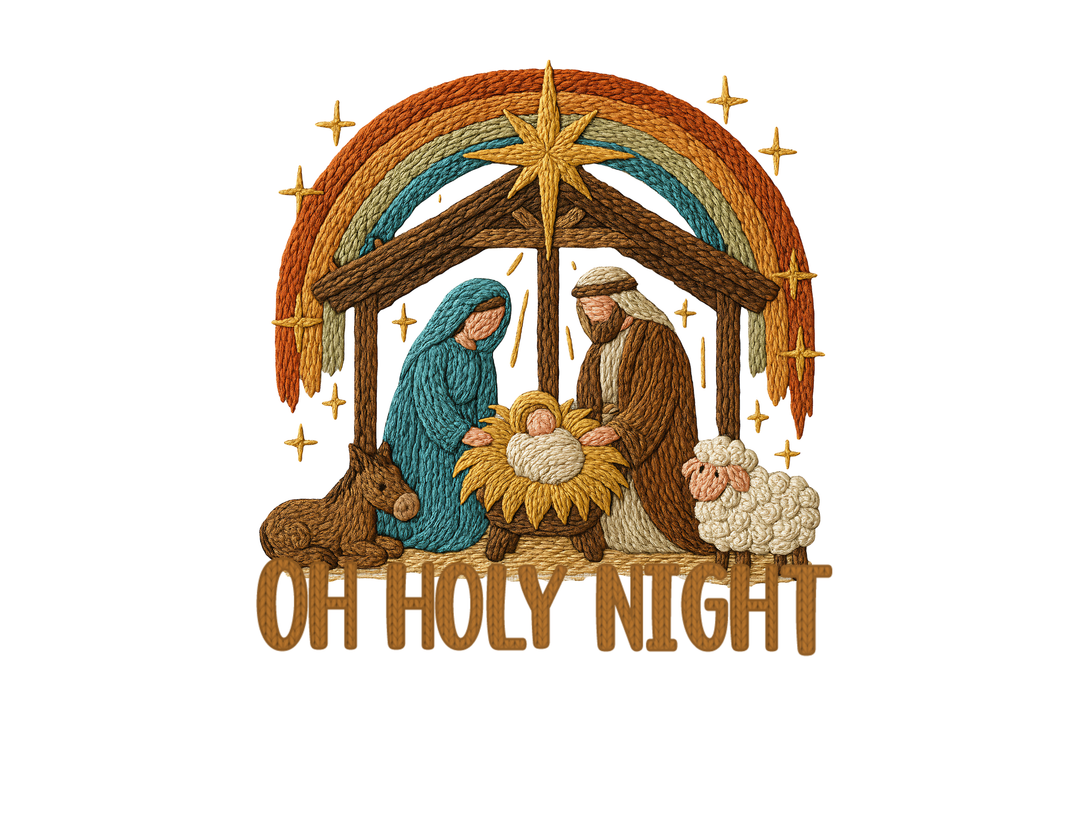 Oh Holy Night Crew sweatshirt features an embroidery-inspired Nativity scene with Mary, Joseph, and Christ child, surrounded by animals and stars, beneath a rainbow motif.