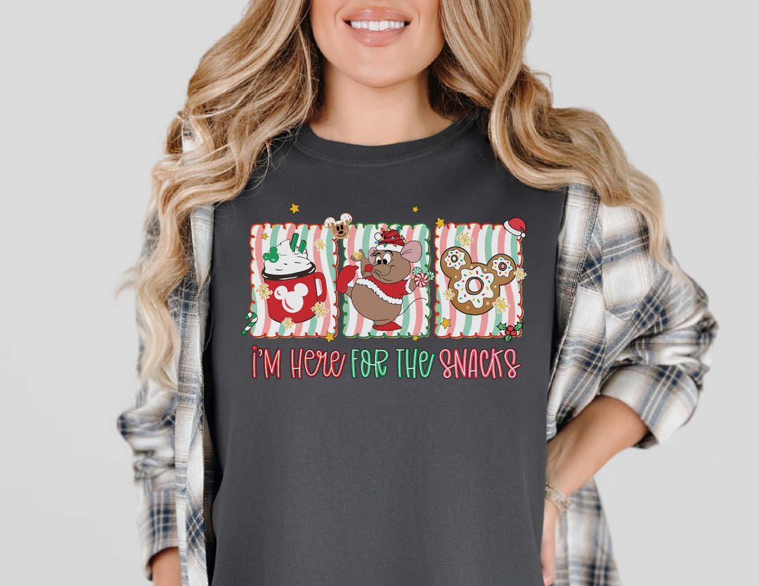 Here for the Snacks Tee featuring festive snack-themed Mickey designs in three panels, ideal for holiday cheer and comfort with soft cotton and playful slogan.
