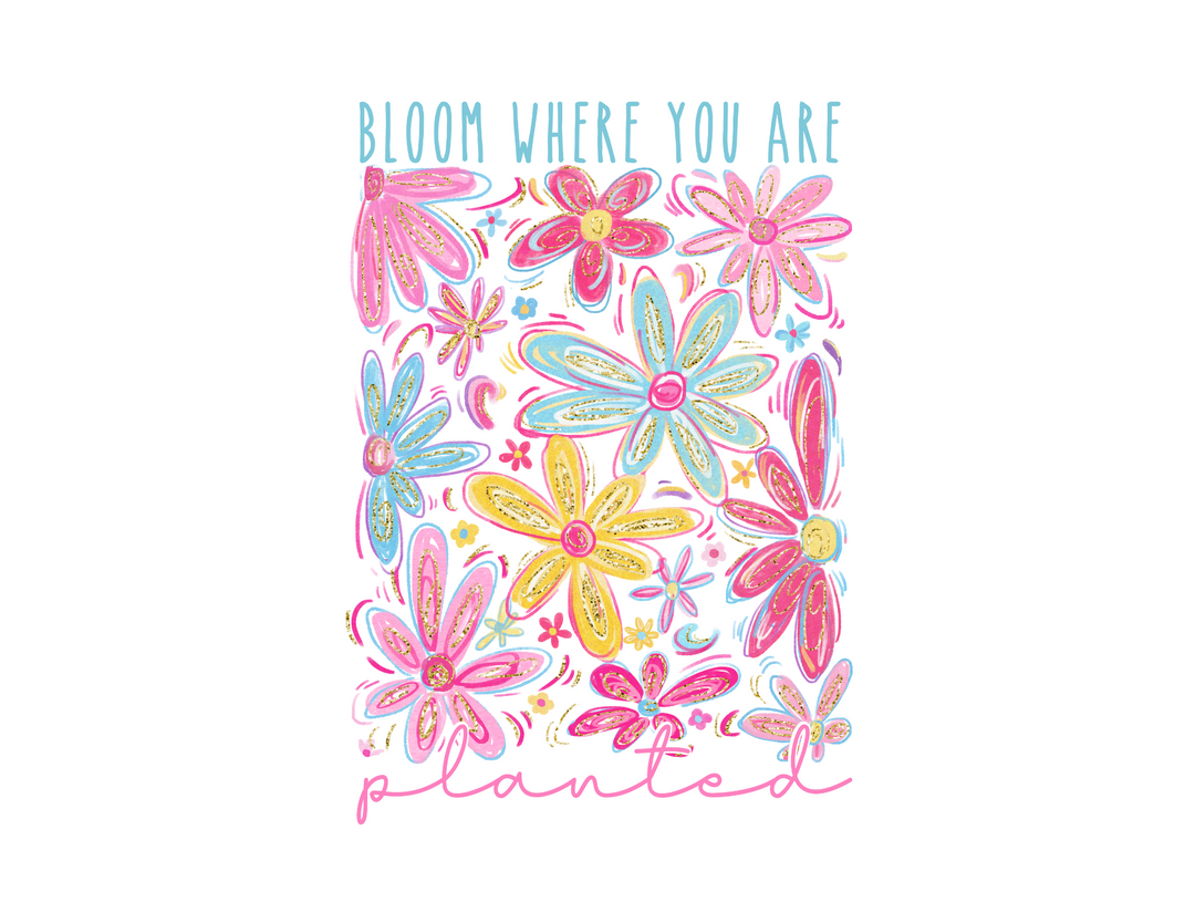 Unisex jersey short sleeve tee titled Bloom Where You Are Planted, featuring a classic crew neckline, soft cotton fabric, and durable ribbed knit collars.