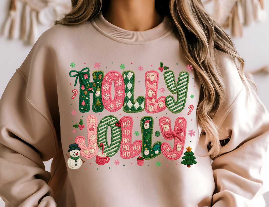 Light-beige HOLLY JOLLY sweatshirt with festive yarn-style lettering and holiday motifs, offering a cozy, durable, unisex fit, perfect for cooler months.