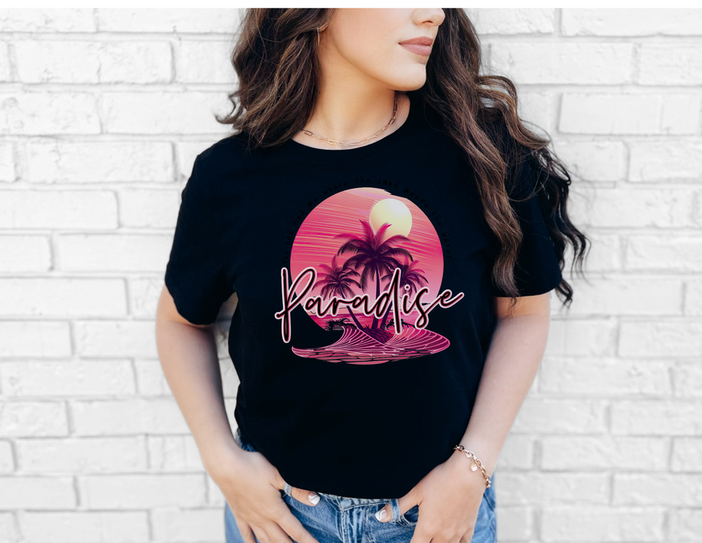 Paradise Tee: Classic unisex jersey short sleeve shirt with ribbed knit collar, tapered shoulders, and dual side seams, ideal for casual and semi-formal wear.
