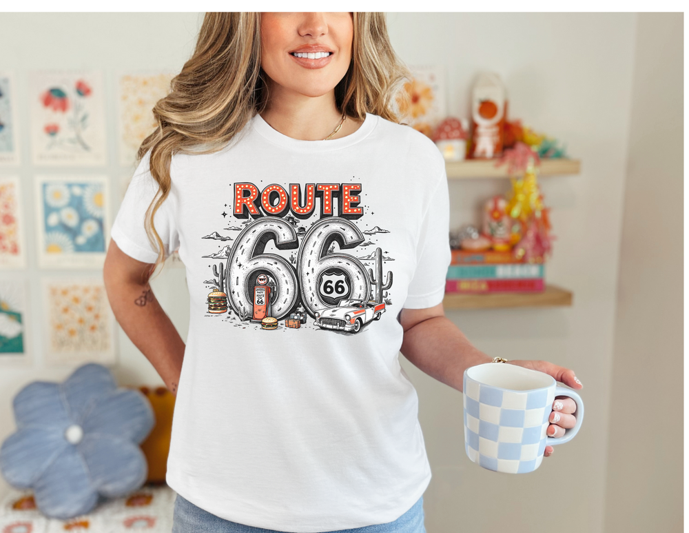 Route 66 Tee, classic unisex fit with ribbed knit collar, short sleeves, and durable double side seams, perfect for casual or semi-formal wear.