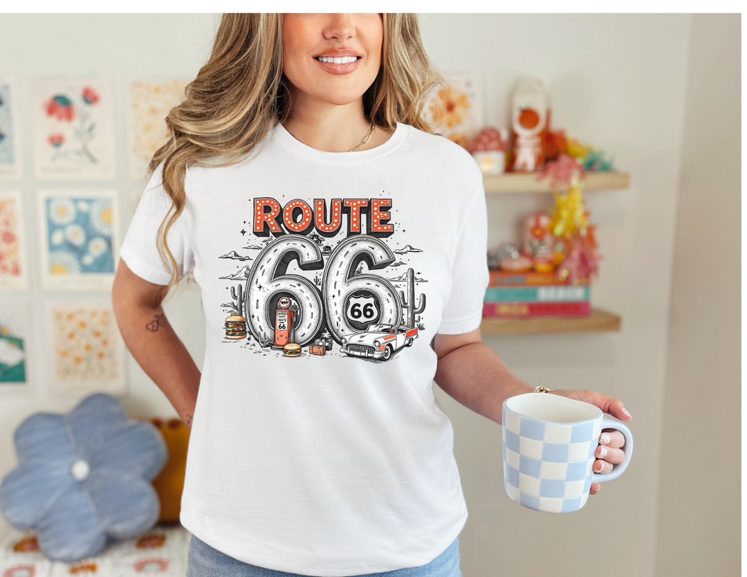 Route 66 Tee, classic unisex fit with ribbed knit collar, short sleeves, and durable double side seams, perfect for casual or semi-formal wear.