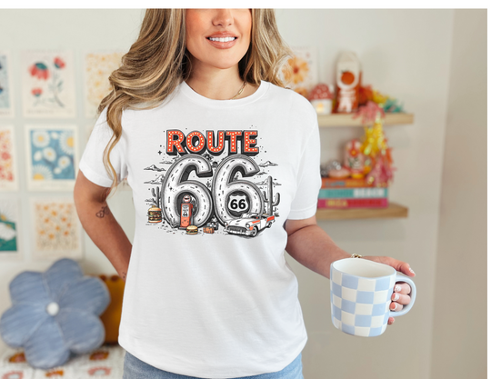 Route 66 Tee, classic unisex fit with ribbed knit collar, short sleeves, and durable double side seams, perfect for casual or semi-formal wear.