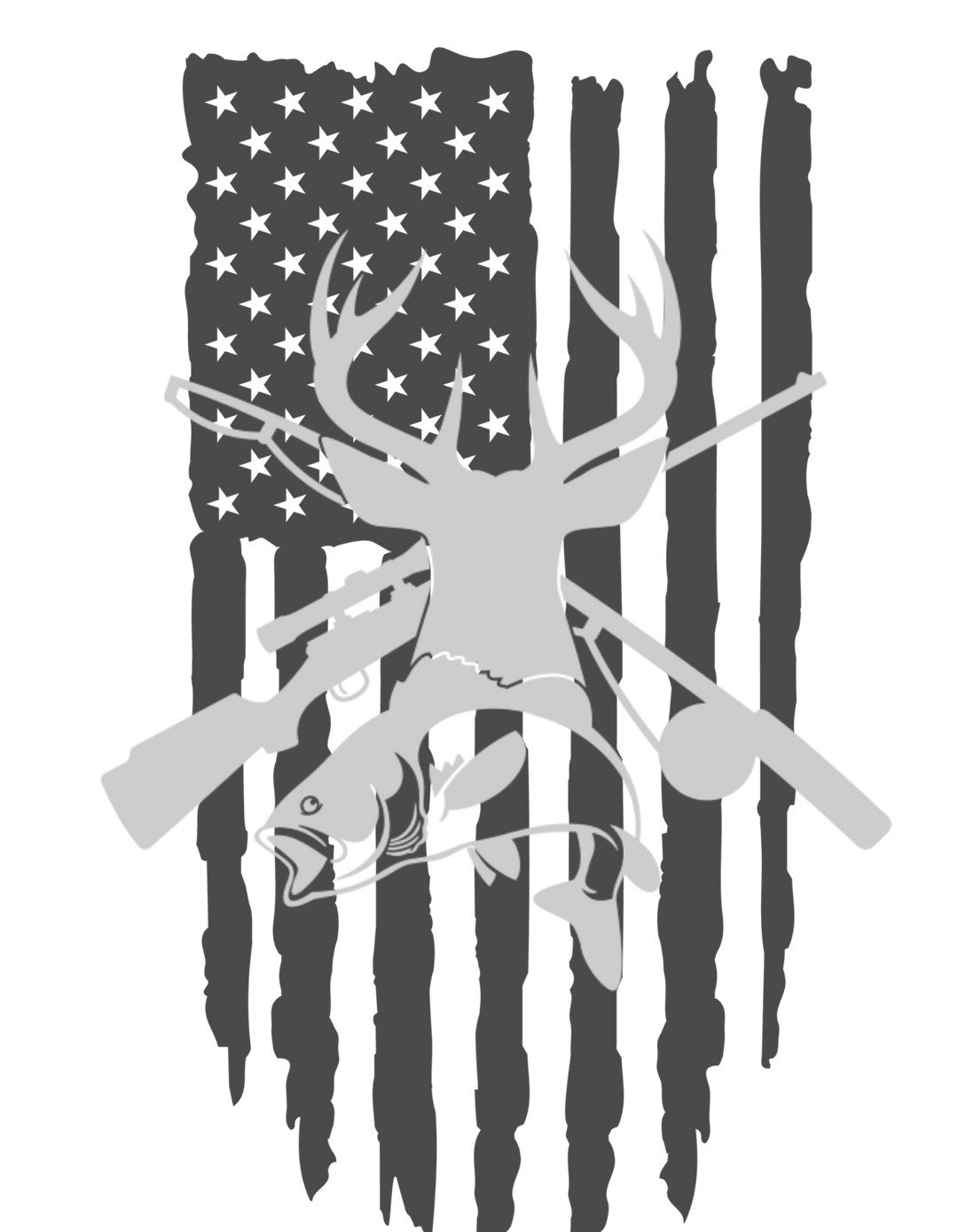 Real American Tee featuring a sketch-style design of a deer, fish, and flag. Premium fit, 100% combed cotton, light fabric. Ideal for workouts or daily wear.