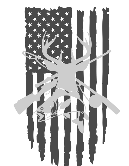 Real American Tee featuring a sketch-style design of a deer, fish, and flag. Premium fit, 100% combed cotton, light fabric. Ideal for workouts or daily wear.