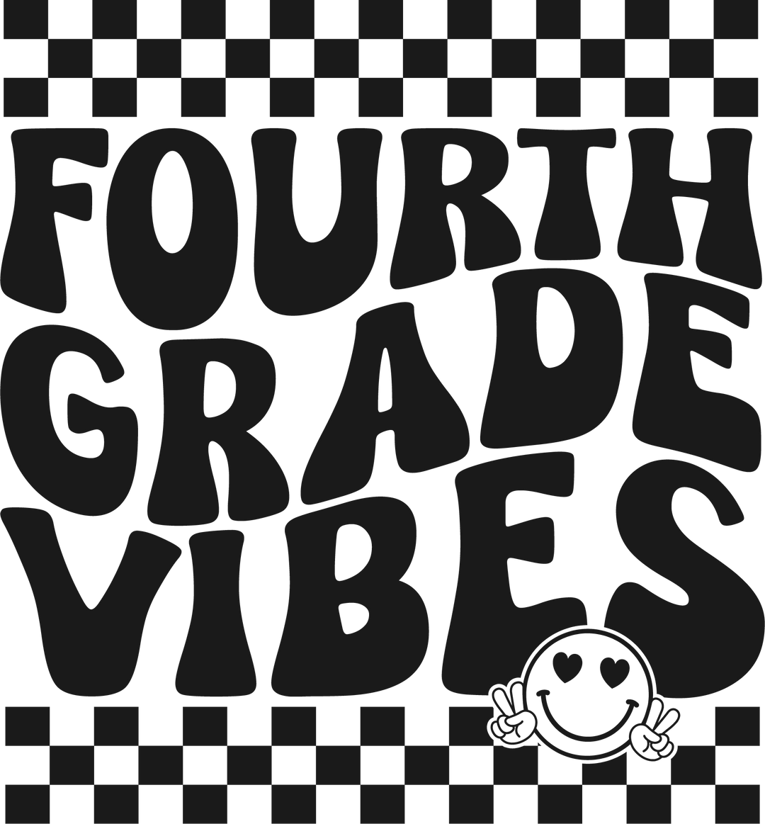 A black and white graphic tee for kids, featuring 4th Grade Vibes. 100% cotton, light fabric, classic fit, tear-away label. Sizes XS to XL. Ideal for everyday wear. Enhance your kid's style with this durable, ribbed-knit collar tee.