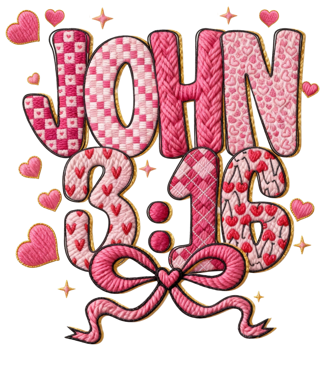 3:16 Tee features 'JOHN 3:16' in pink-and-red heart patterns, surrounded by hearts and sparkles, with a pink yarn bow accent on garment-dyed sweatshirt.
