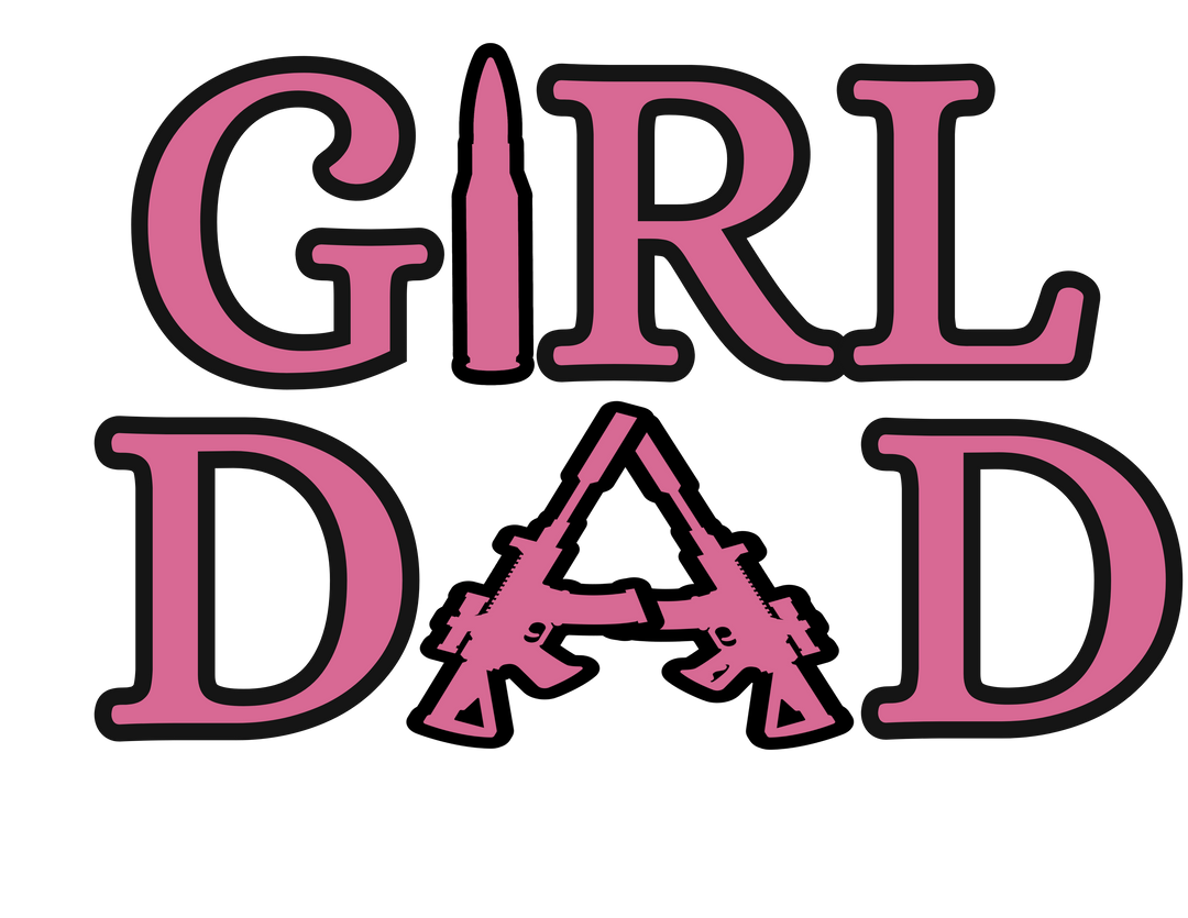 Girl Dad Tee featuring a pink stylized R and G on a black background. A soft, durable, ring-spun cotton t-shirt with a relaxed fit.