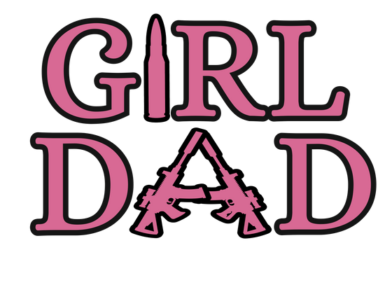 Girl Dad Tee featuring a pink stylized R and G on a black background. A soft, durable, ring-spun cotton t-shirt with a relaxed fit.