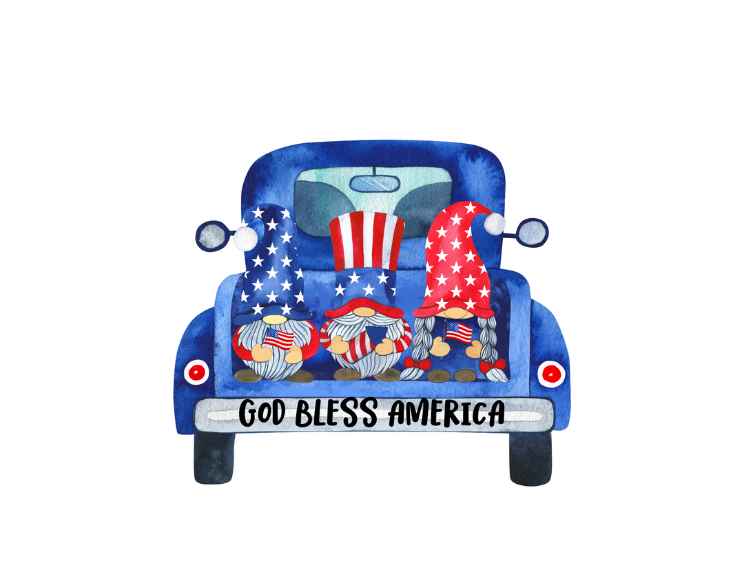 A whimsical American Gnomies Tee featuring gnomes in a car and truck, and a gnome with a rocket. Unisex jersey tee with ribbed knit collars, taping on shoulders, and 100% cotton fabric.