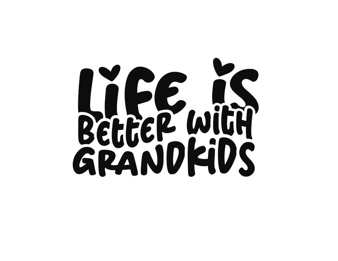 Life is Better With Grandkids Crew sweatshirt features playful, hand-drawn typography with heart accents, offering comfort in a unisex cotton-polyester blend.