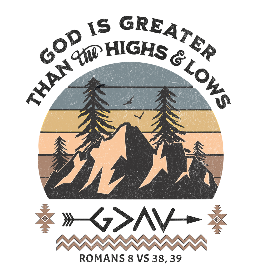 God Is Greater Crew sweatshirt features a graphic design of mountains, trees, and a sunset, offering comfort with its polyester-cotton blend and ribbed knit collar.