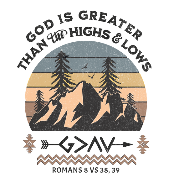 God Is Greater Crew sweatshirt features a graphic design of mountains, trees, and a sunset, offering comfort with its polyester-cotton blend and ribbed knit collar.