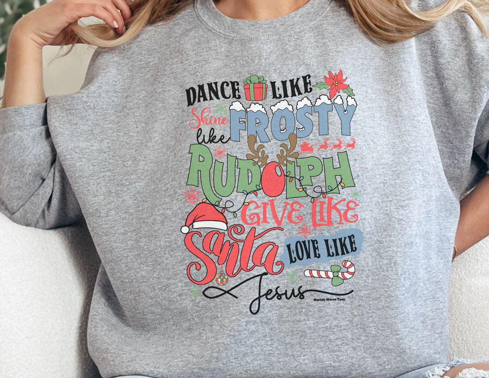 Unisex heavy blend crewneck sweatshirt featuring Frosty Rudolph Santa Jesus Crew design. Comfortable, ribbed knit collar, no itchy side seams. 50% cotton, 50% polyester, medium-heavy fabric, loose fit, sewn-in label.