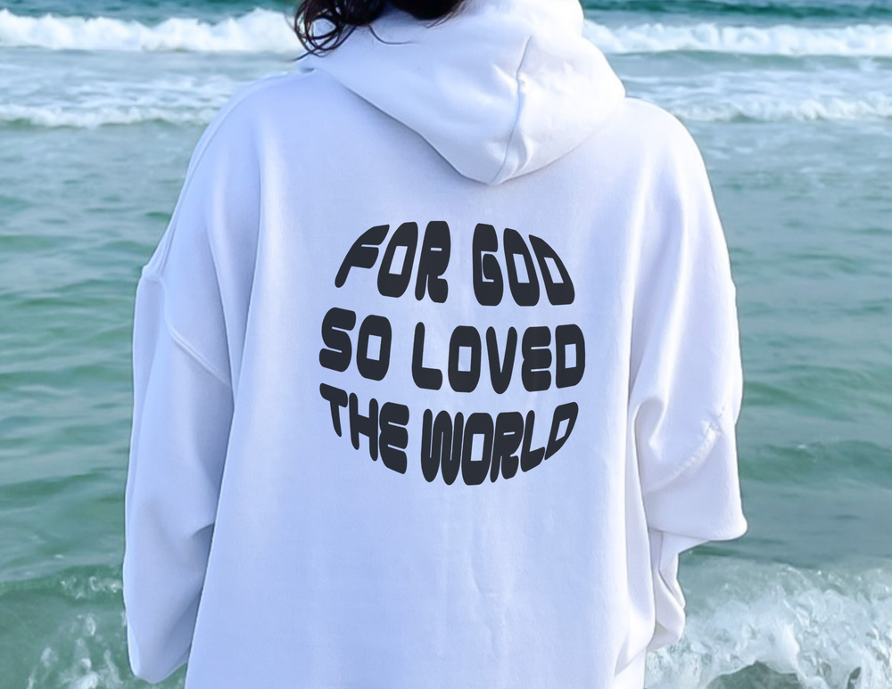 Unisex heavy blend hooded sweatshirt featuring For God So Loved the World design. Cotton-polyester fabric, kangaroo pocket, drawstring hood. Classic fit, tear-away label, medium-heavy fabric. Ideal for warmth and comfort.