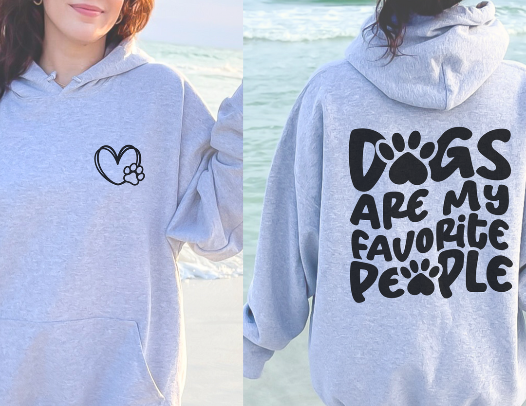 A cozy unisex Dogs are my Favorite People Hoodie in grey, featuring a dog paw print. Made of 50% cotton, 50% polyester blend for warmth and comfort. Kangaroo pocket and drawstring hood.