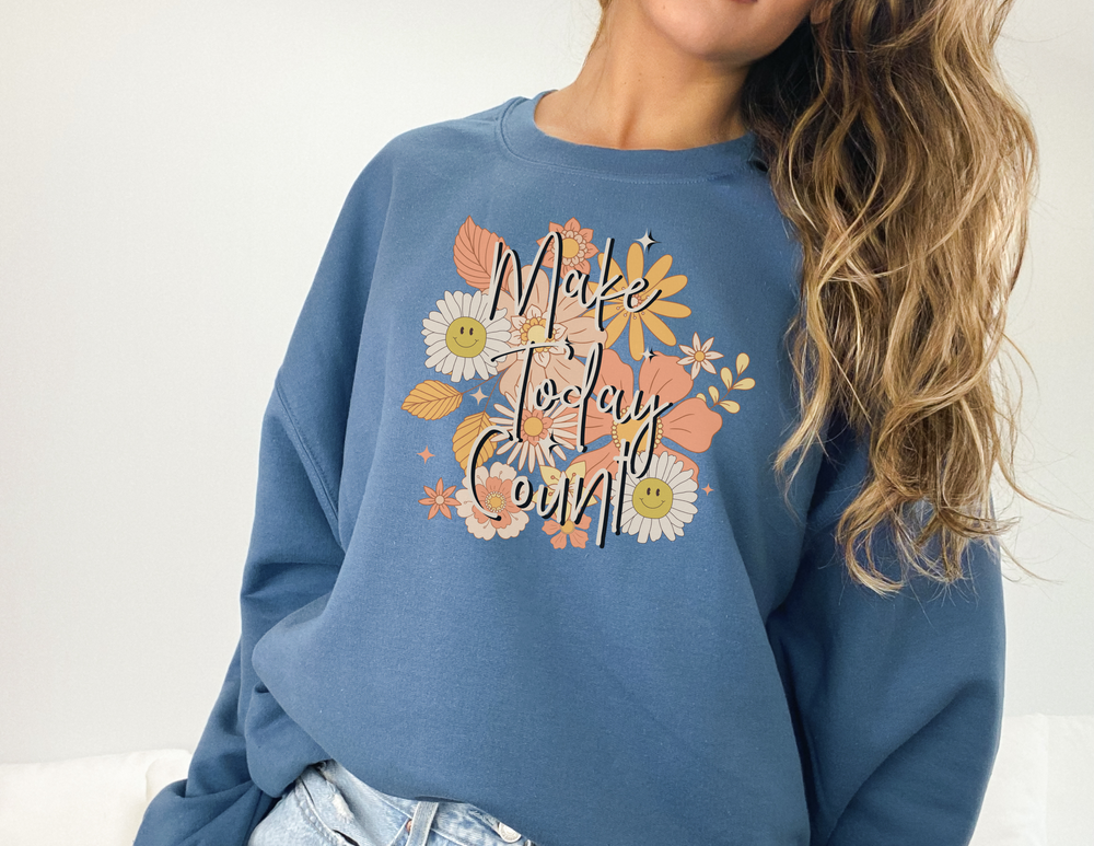A unisex heavy blend crewneck sweatshirt in medium-heavy fabric, featuring a ribbed knit collar for comfort. The Make Today Count Crew offers a loose fit, ideal for all-day wear.