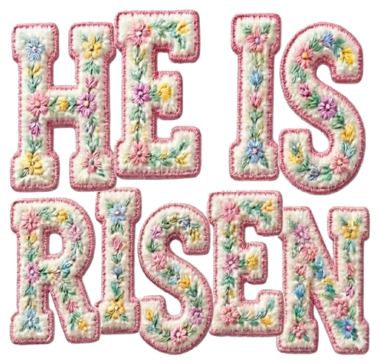 He is Risen Kids Tee: Embroidered HE IS RISEN letters with pastel floral motifs, perfect for active kids. Made from soft, 100% combed ringspun cotton.