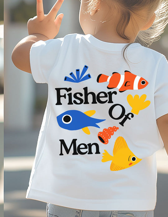 Child wearing Fisher Of Men Toddler Tee with sea-life graphics, showcasing eco-friendly cotton design. Arm raised outdoors, highlighting the shirt's playful, faith-inspired theme.