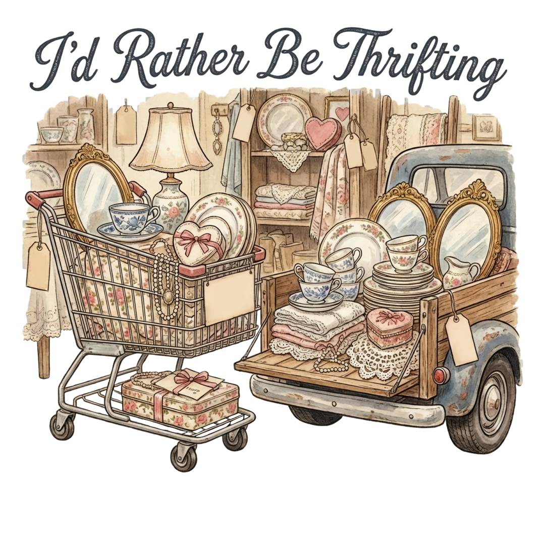 “I’d Rather Be Thrifting” crewneck sweatshirt featuring vintage-style illustration of a shopping cart and pickup truck brimming with secondhand treasures, ideal for cozy, casual wear.