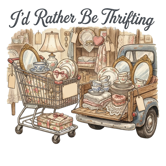“I’d Rather Be Thrifting” crewneck sweatshirt featuring vintage-style illustration of a shopping cart and pickup truck brimming with secondhand treasures, ideal for cozy, casual wear.