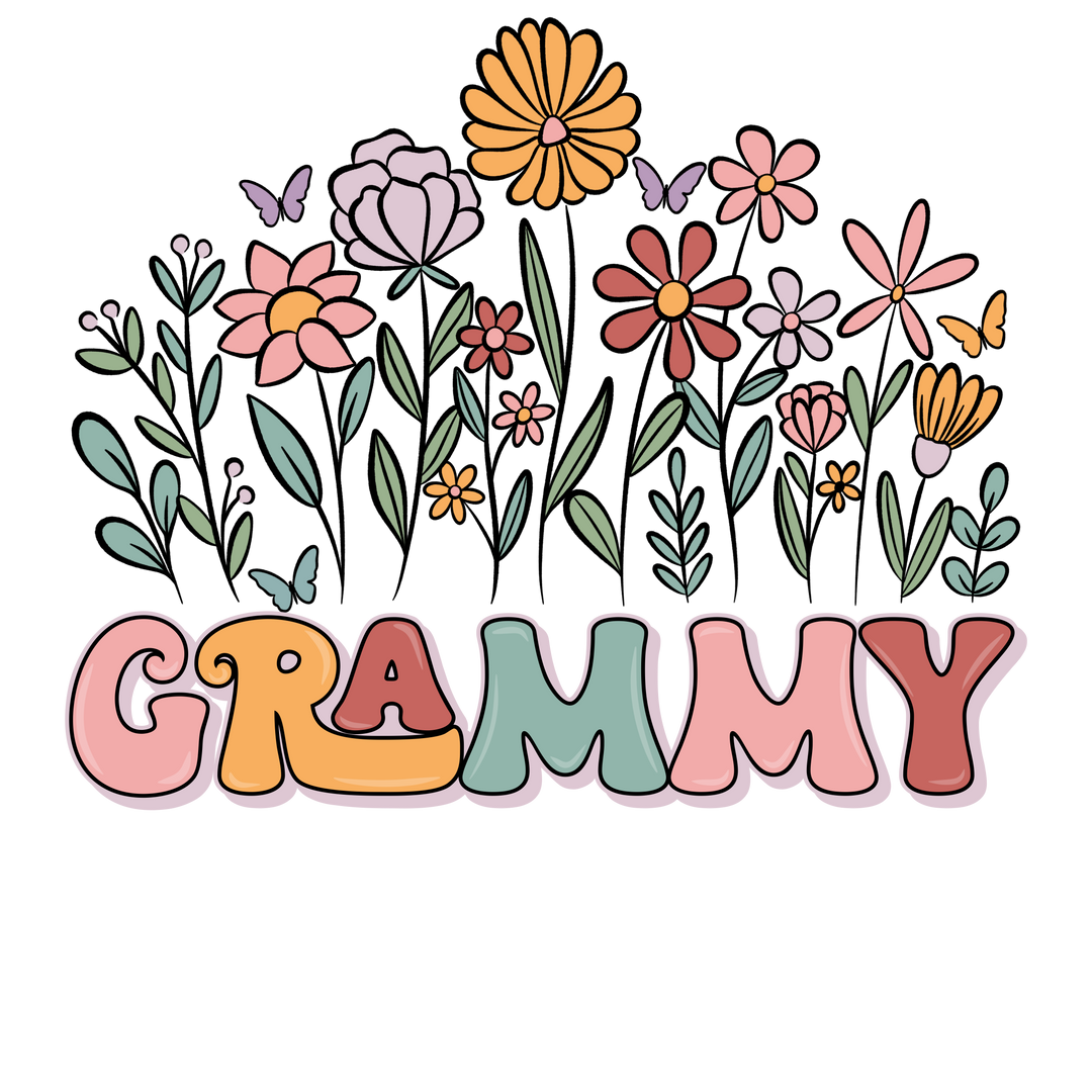 Grammy Flower Tee featuring pastel flowers and butterflies above retro-style GRAMMY text on a black background, embodying playful, unique design in a soft cotton unisex tee.